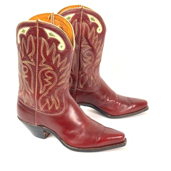 Justin Burgundy 50's Pee Wee Cowboy Boots - Womens Size 6.5B Inlaid Cloth Pulls - Picture 10 of 16